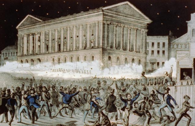 A riot at the Astor Place Opera House in New York City in 1849. Lithograph by N. Currier.